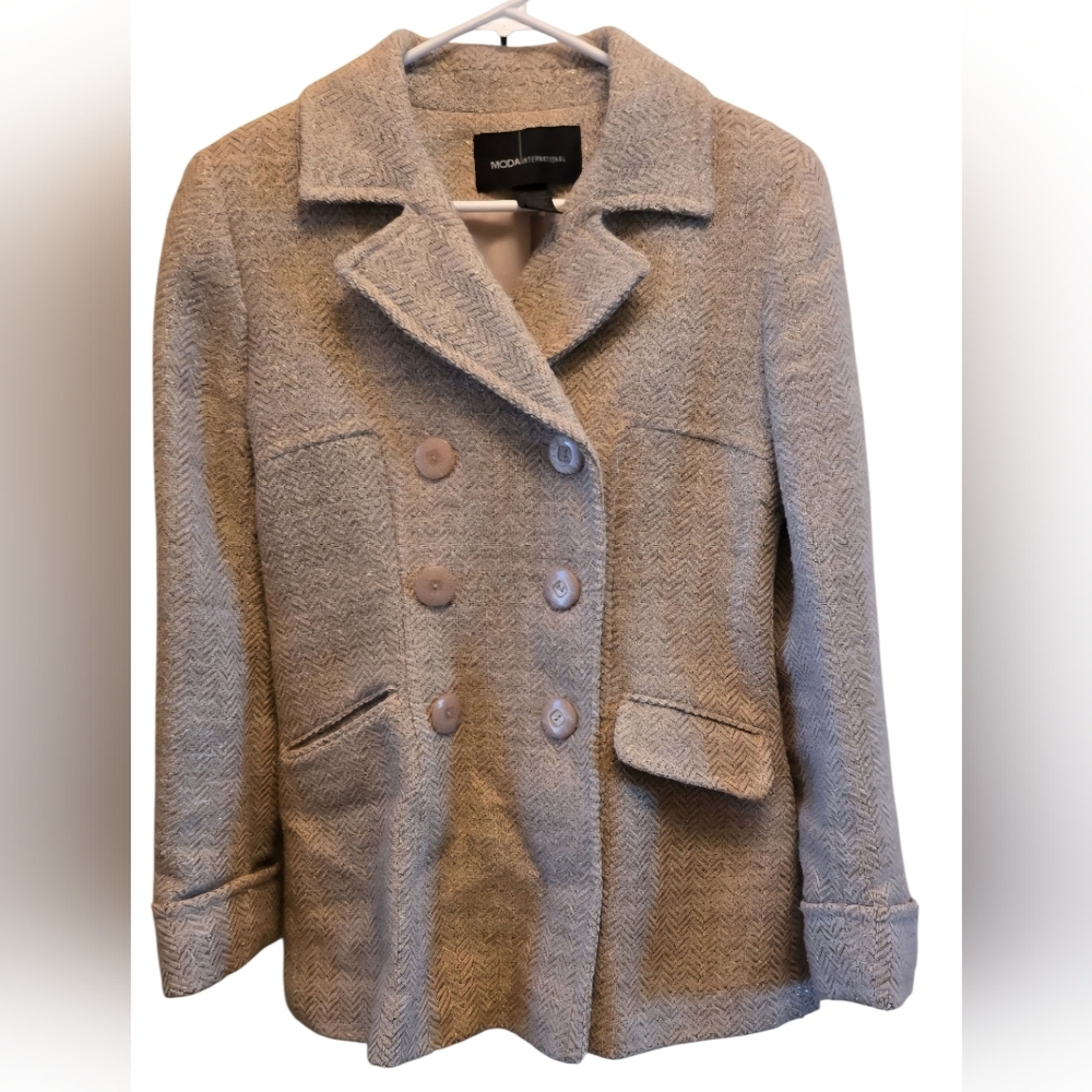 Moda International Y2k Women's Beige Herringbone Pea Coat Gold Thread Size Small